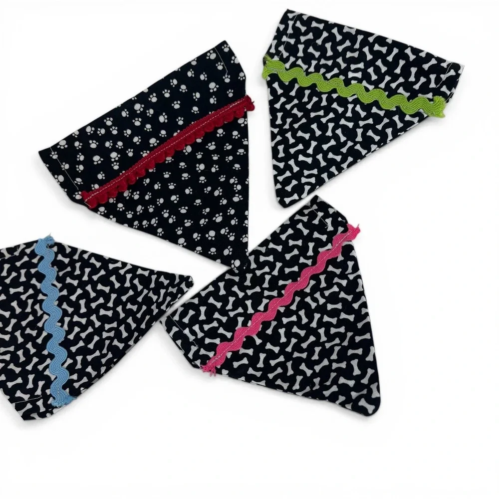 Set of 4 Dog Bandanas Over the Collar Paw Bone Print Black Blue Red Green Pink